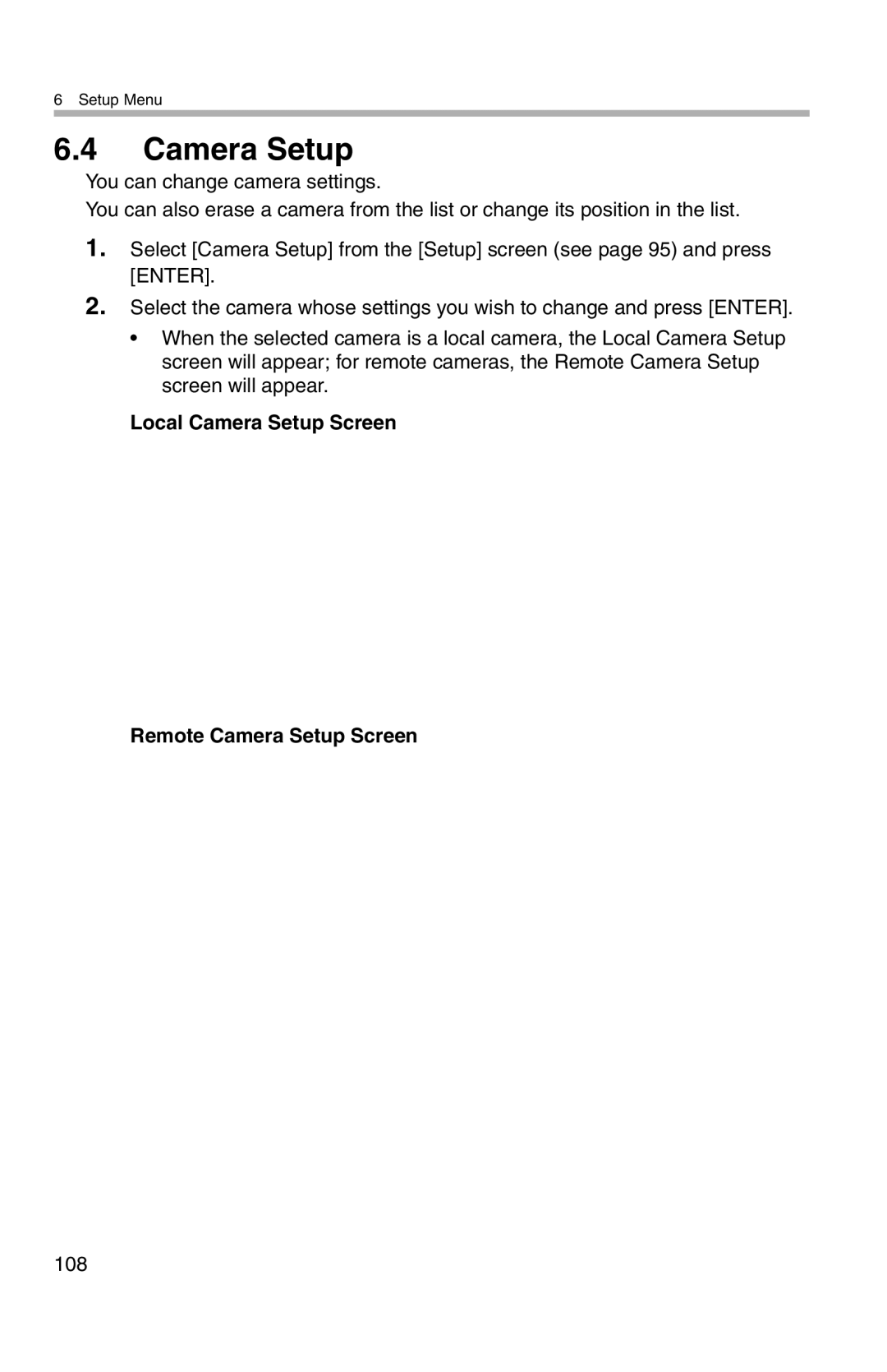 Panasonic BL-WV10A operating instructions Local Camera Setup Screen Remote Camera Setup Screen, 108 