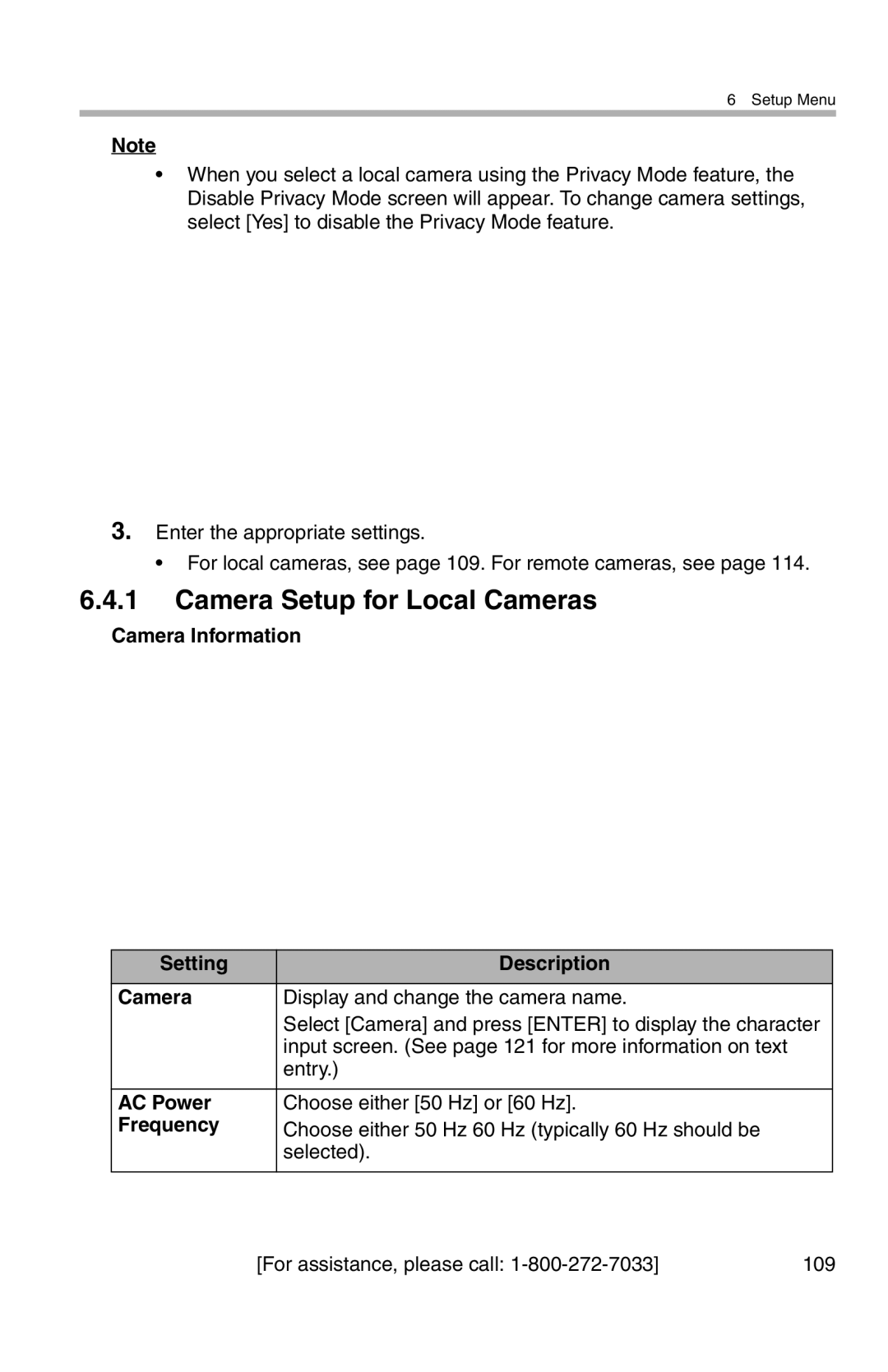 Panasonic BL-WV10A Camera Setup for Local Cameras, Camera Information Setting Description, AC Power, Frequency 