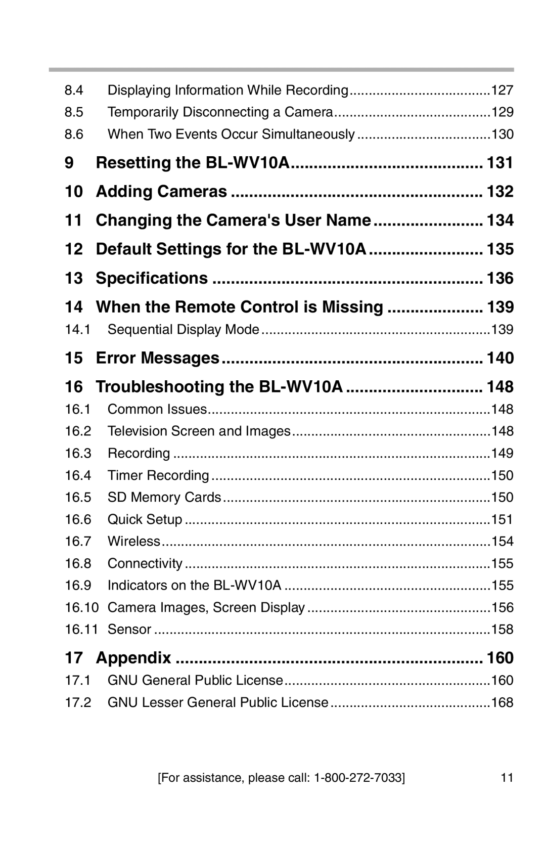 Panasonic operating instructions Error Messages 140 Troubleshooting the BL-WV10A 148, Appendix 160 