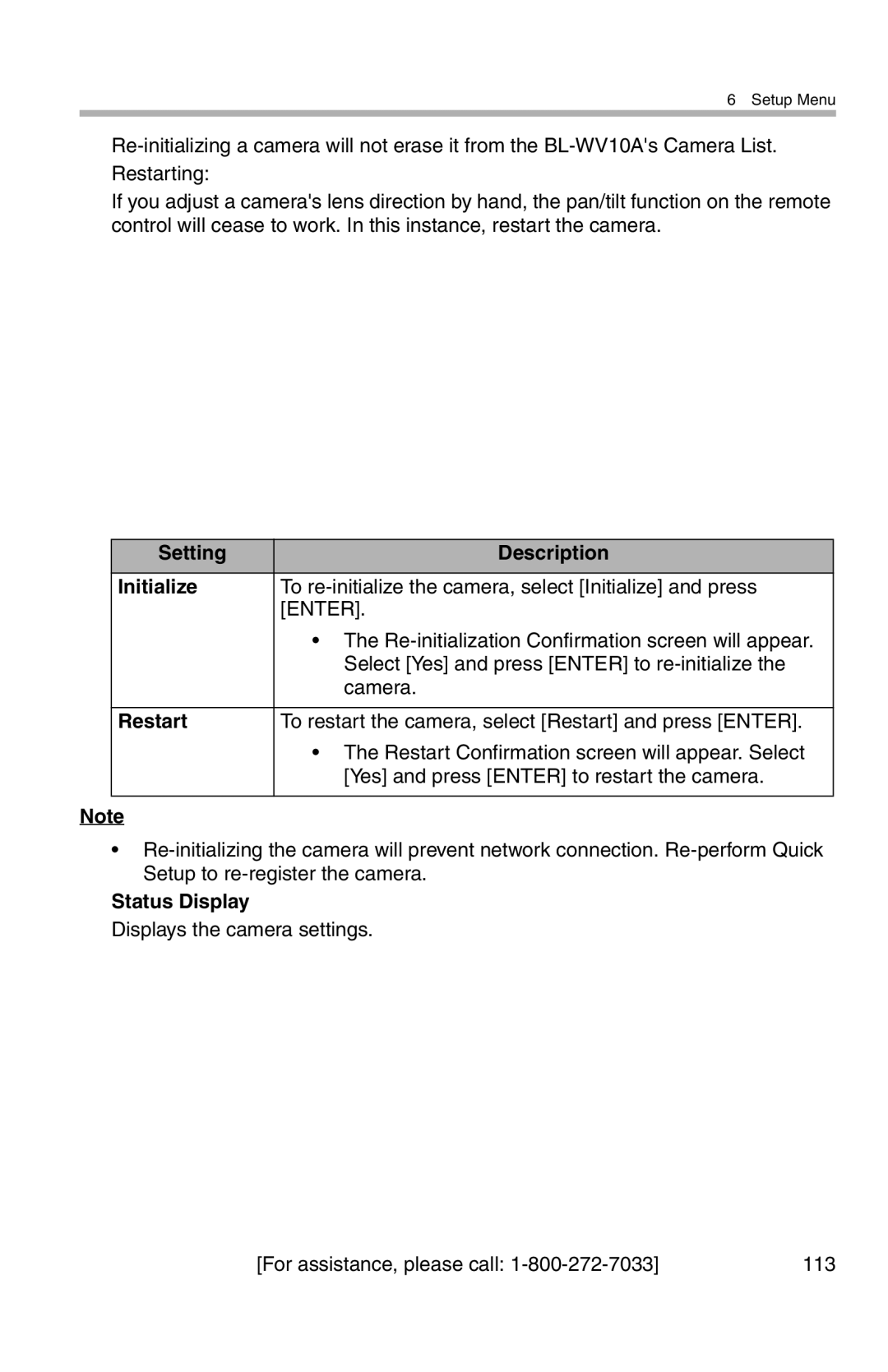 Panasonic BL-WV10A operating instructions Setting Description Initialize, Status Display 