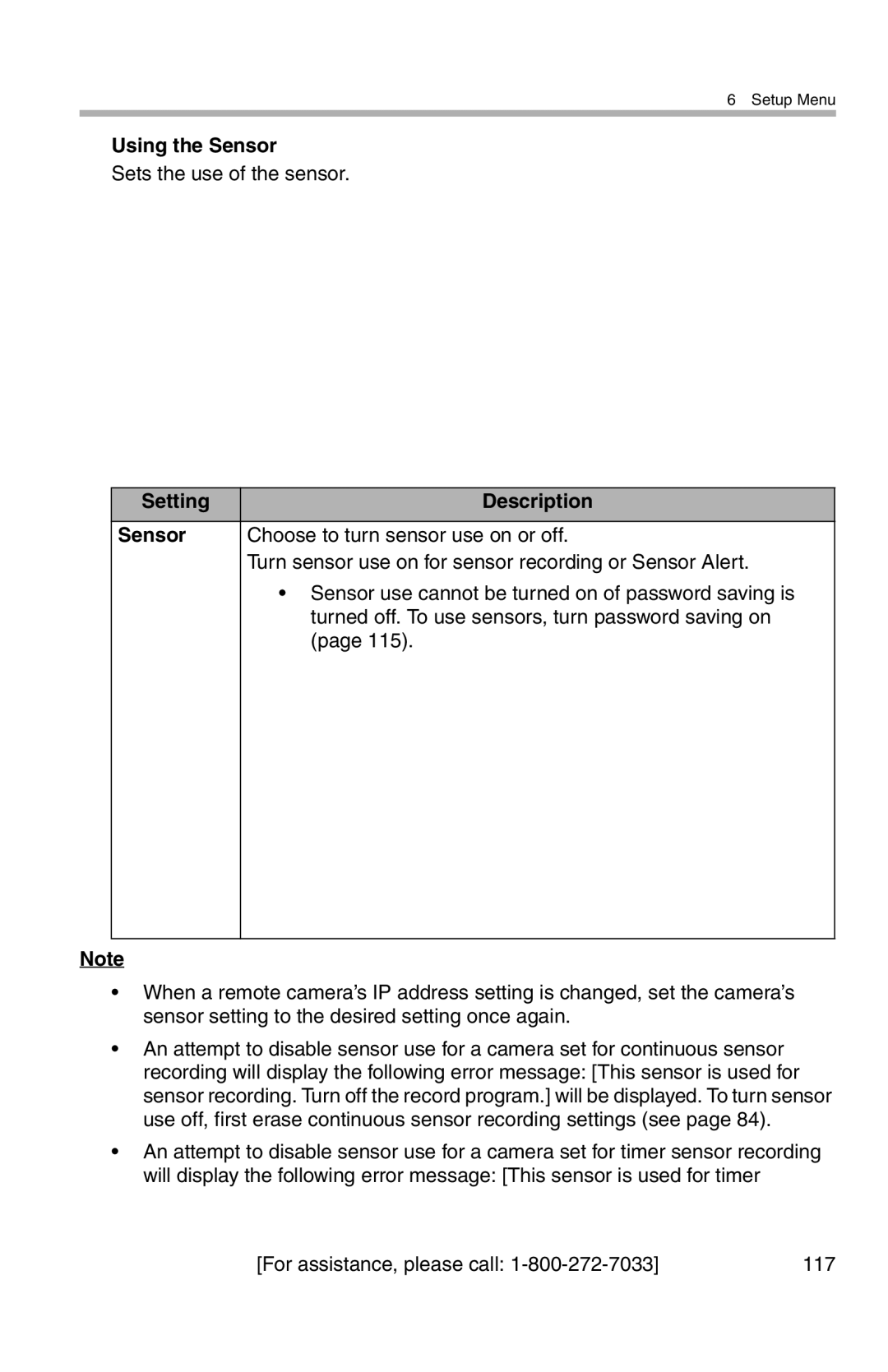 Panasonic BL-WV10A operating instructions Using the Sensor, Setting Description Sensor 