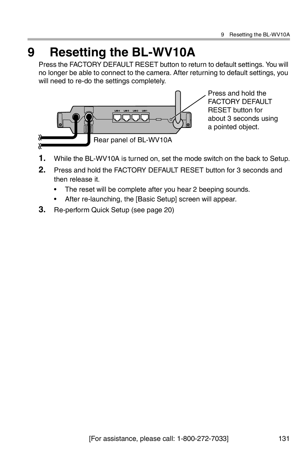 Panasonic operating instructions Resetting the BL-WV10A 