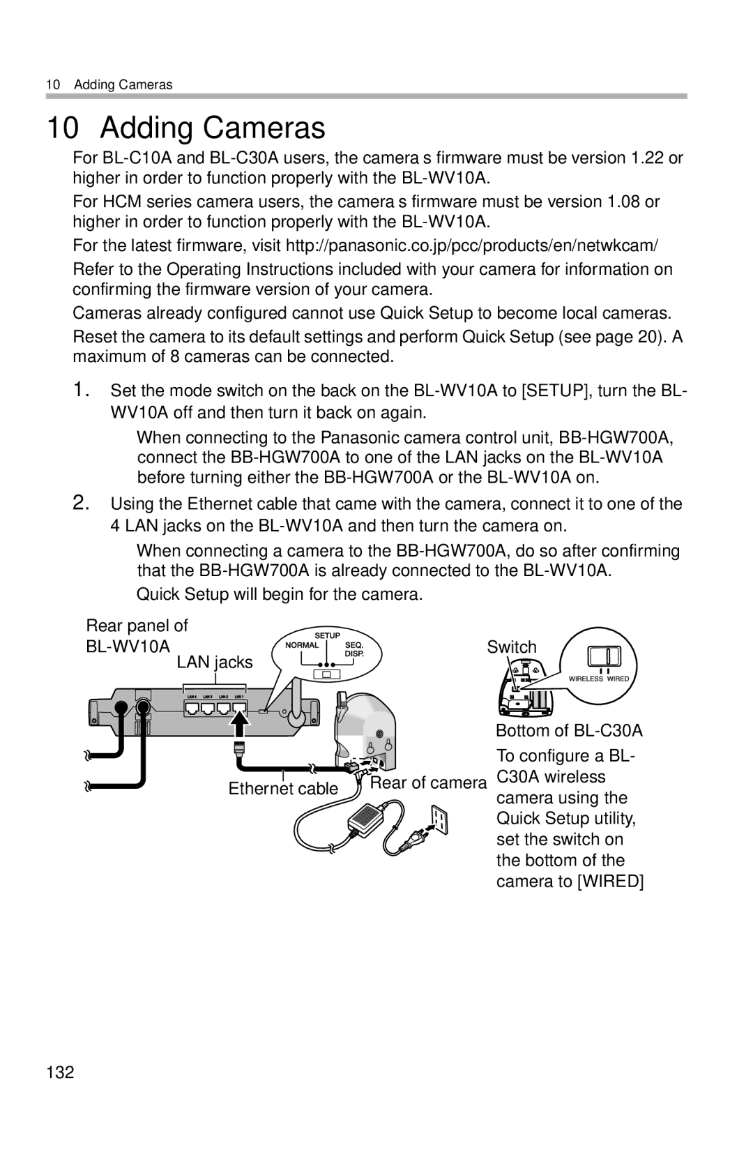 Panasonic BL-WV10A operating instructions Adding Cameras, Quick Setup will begin for the camera Rear panel 