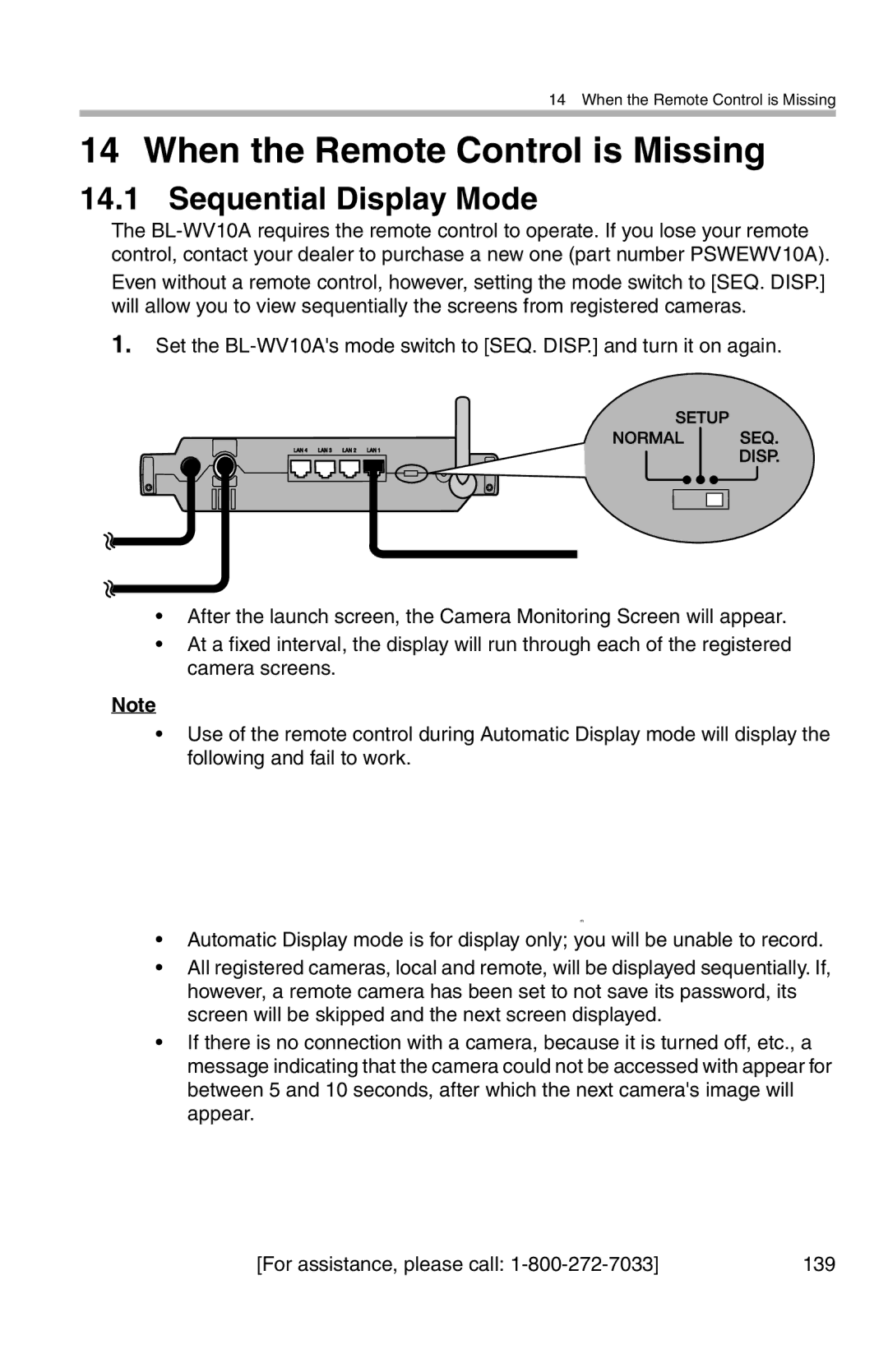 Panasonic BL-WV10A operating instructions When the Remote Control is Missing, Sequential Display Mode 