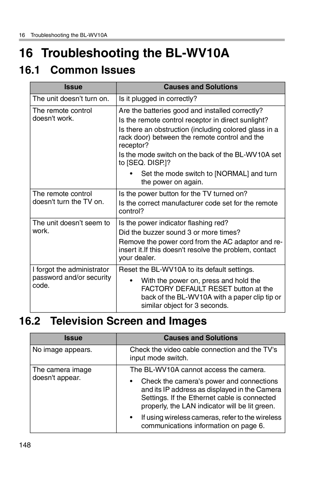 Panasonic Troubleshooting the BL-WV10A, Common Issues, Television Screen and Images, Issue Causes and Solutions 