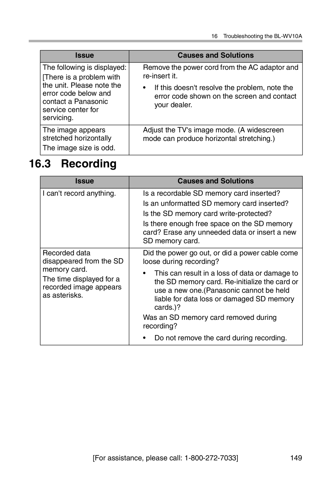 Panasonic BL-WV10A operating instructions Recording 