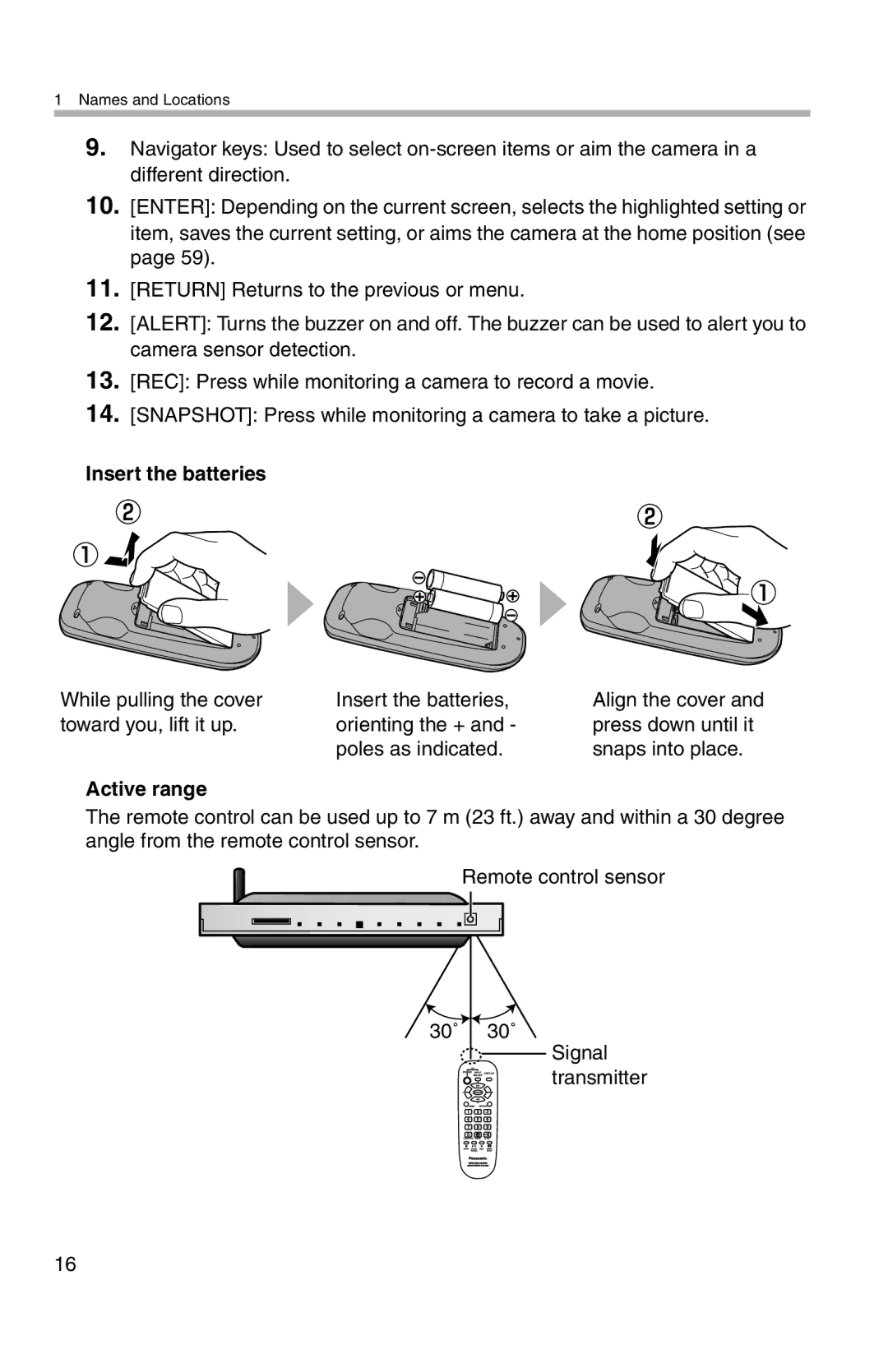 Panasonic BL-WV10A operating instructions While pulling the cover Insert the batteries, Active range 