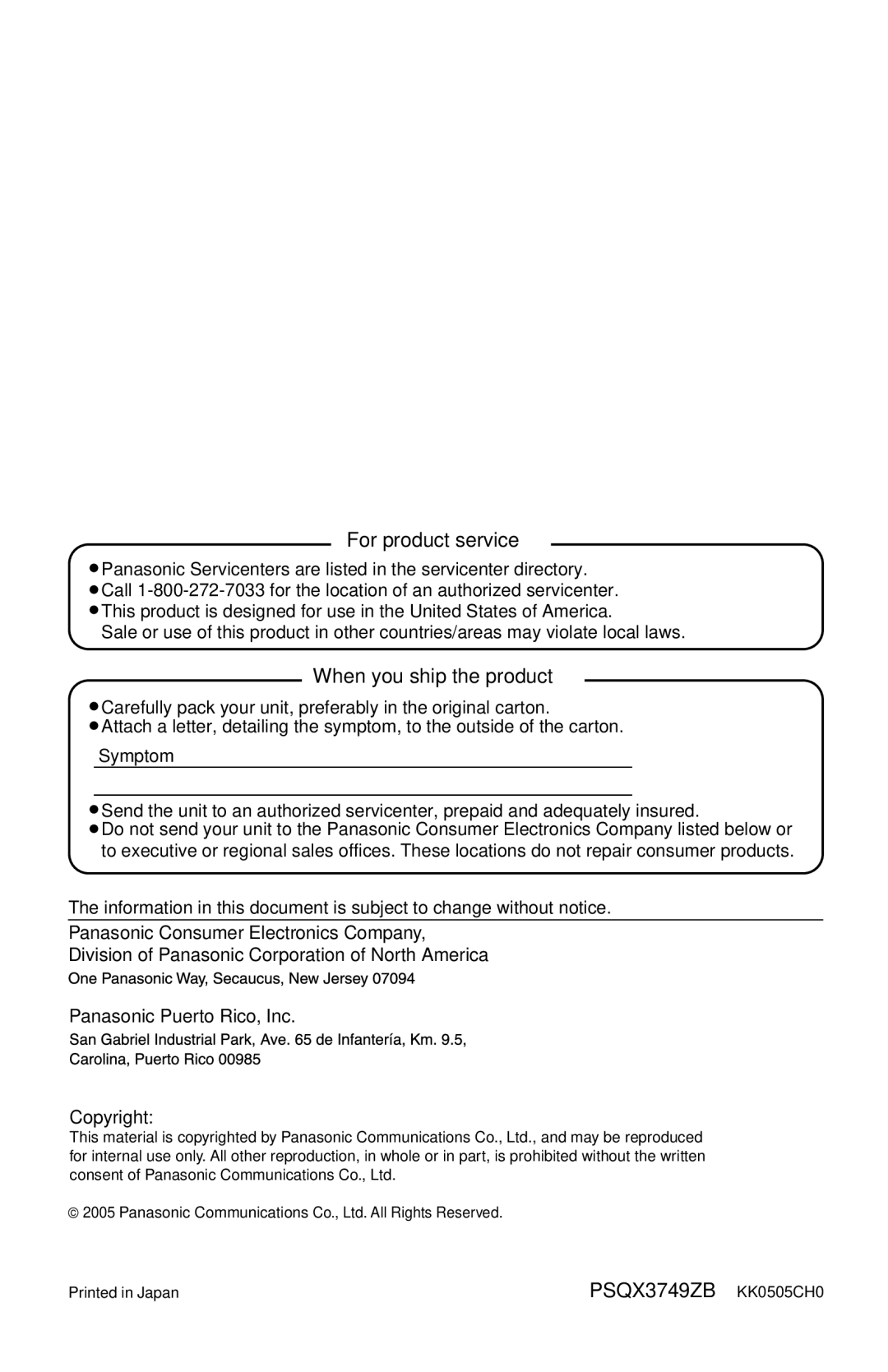 Panasonic BL-WV10A operating instructions For product service, When you ship the product, PSQX3749ZB KK0505CH0 