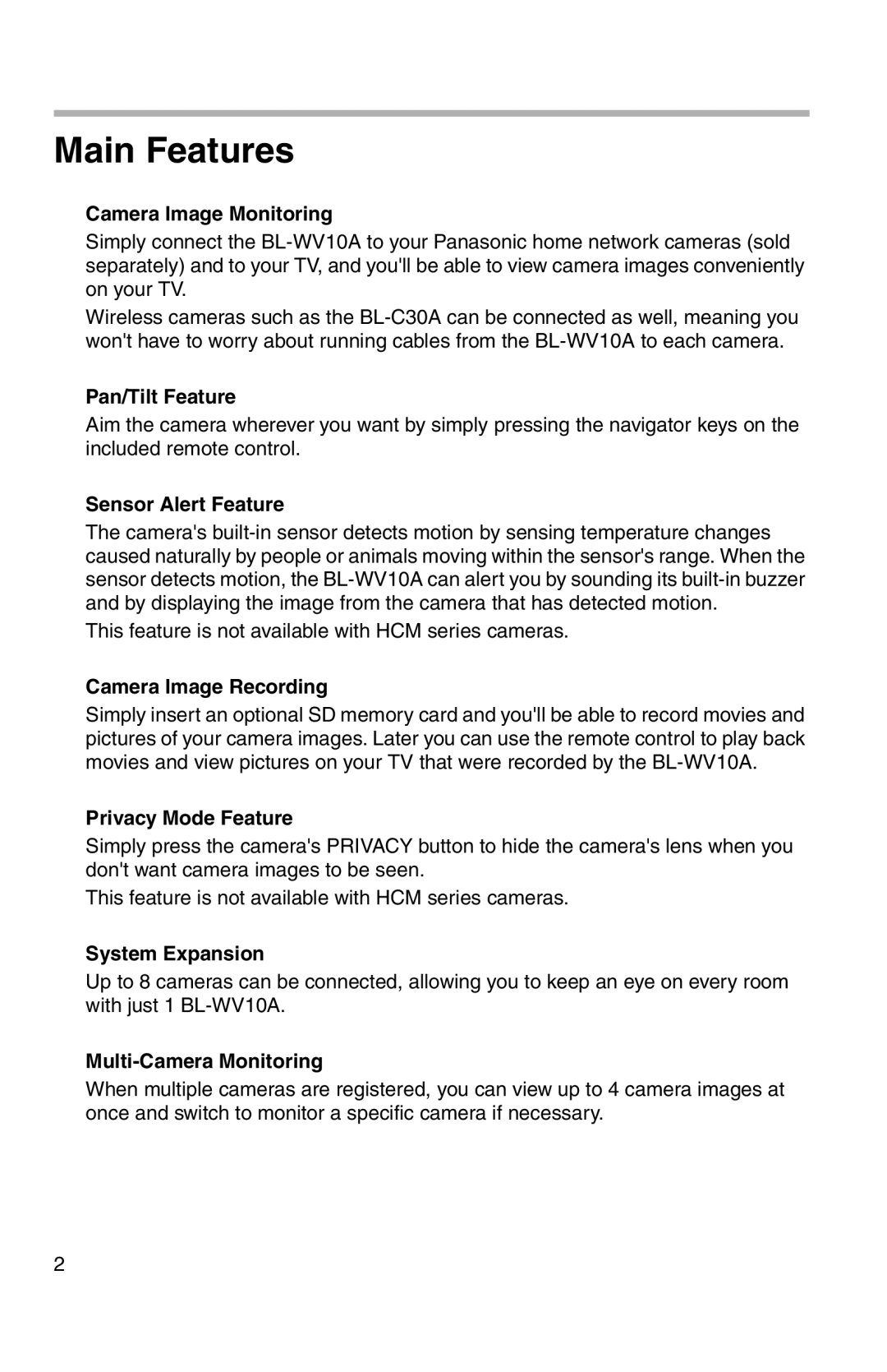 Panasonic BL-WV10A operating instructions Main Features 