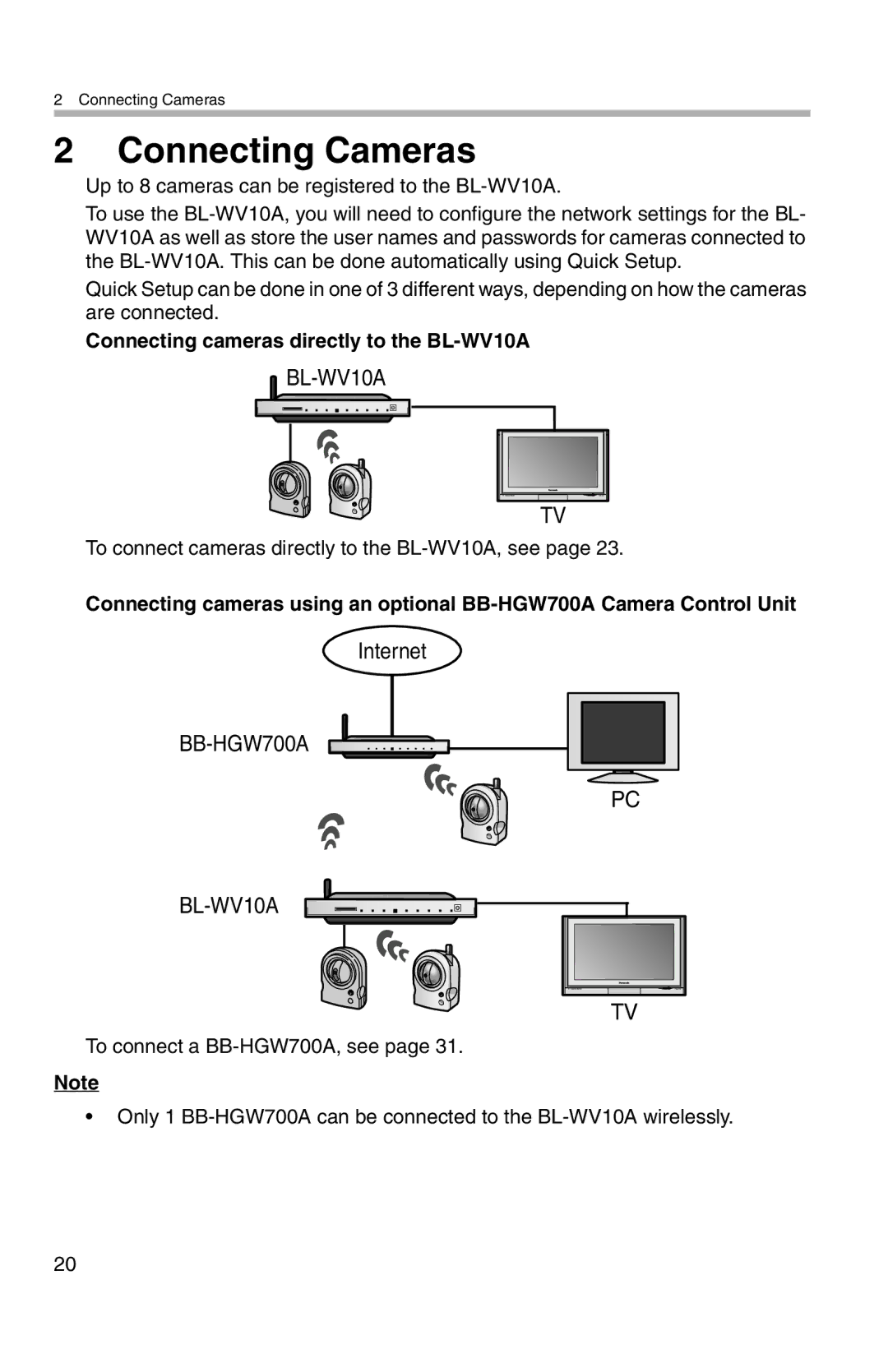 Panasonic operating instructions Connecting Cameras, Up to 8 cameras can be registered to the BL-WV10A 