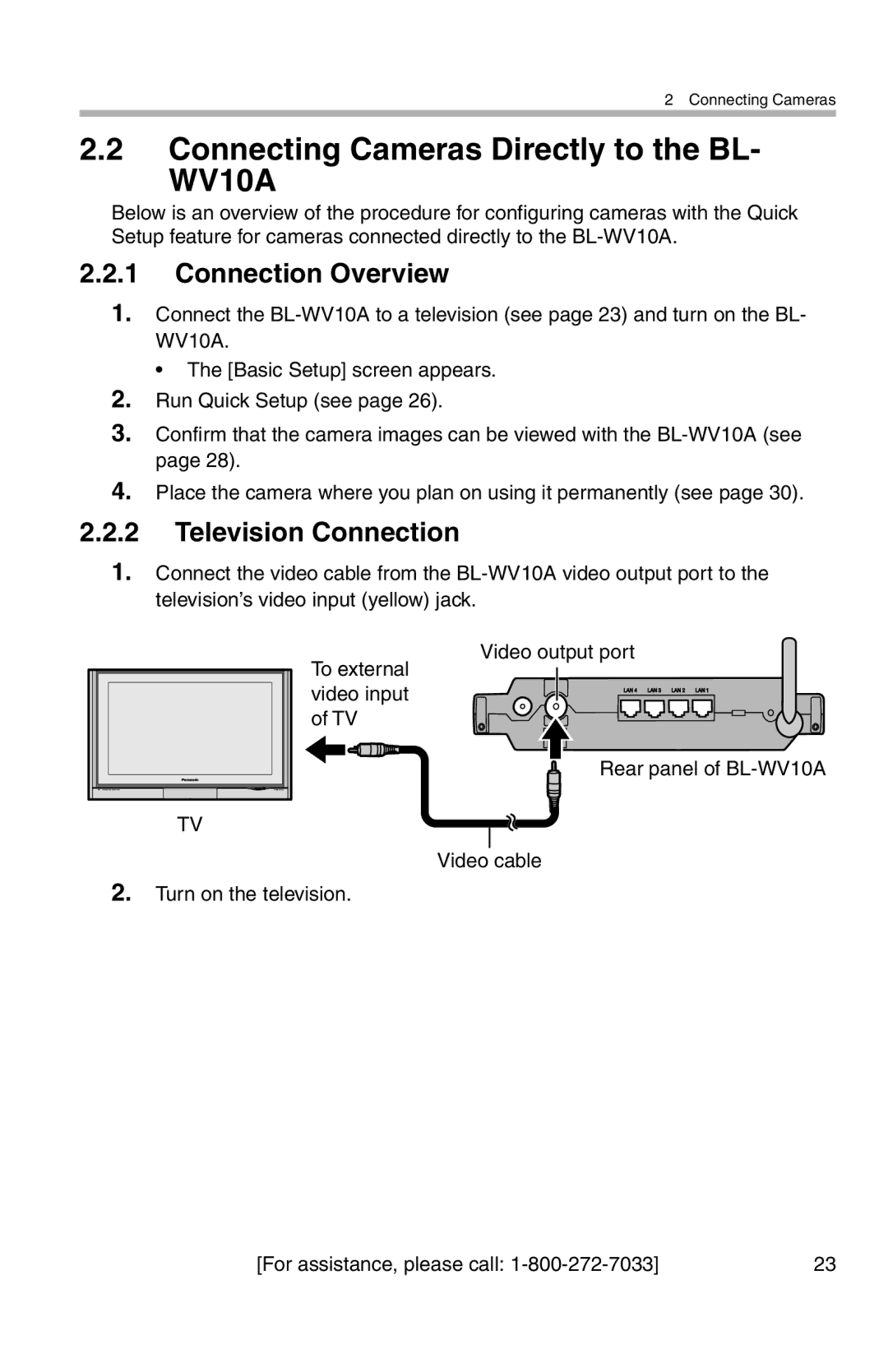 Panasonic BL-WV10A operating instructions Connecting Cameras Directly to the BL, Connection Overview, Television Connection 