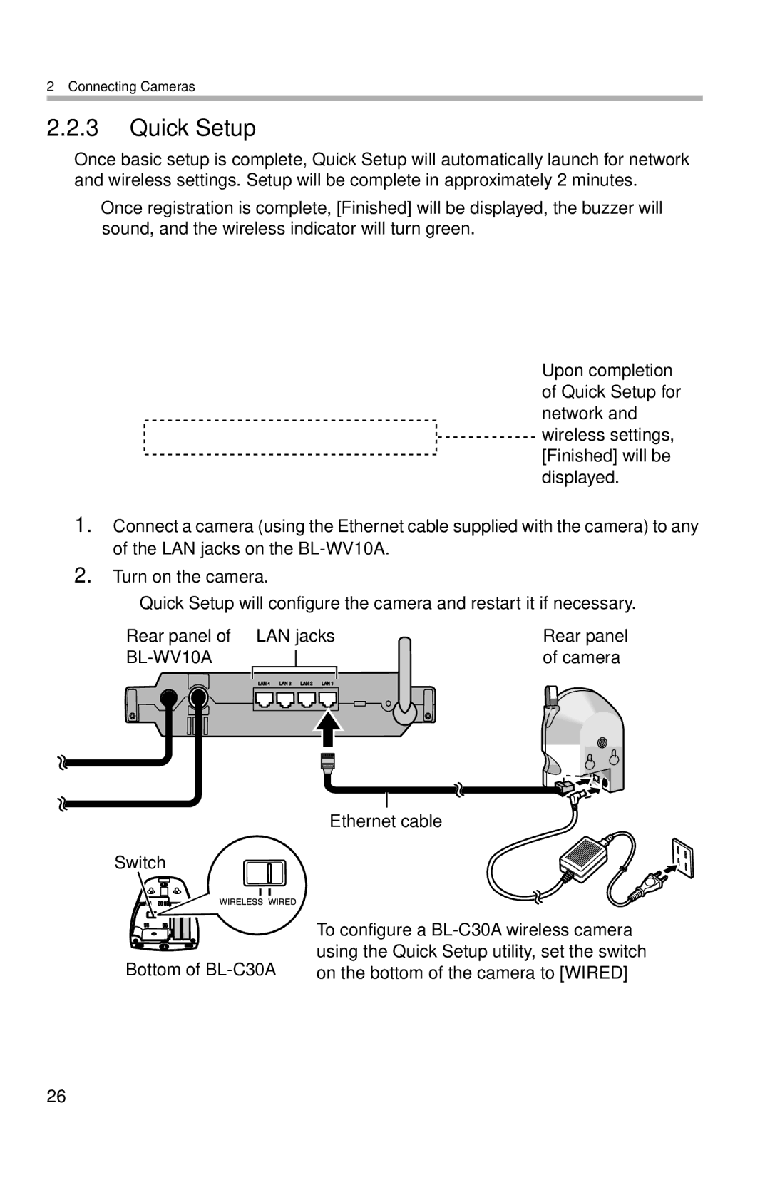 Panasonic BL-WV10A operating instructions Quick Setup, Ethernet cable, On the bottom of the camera to Wired 