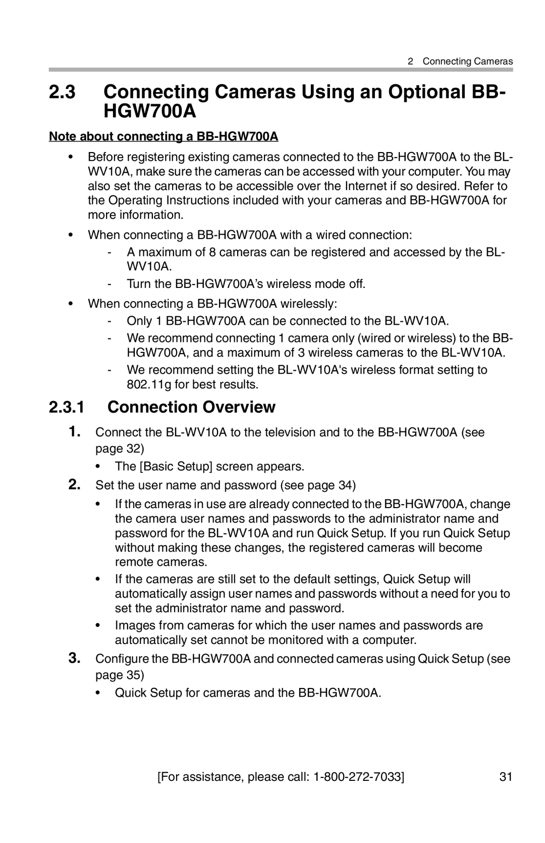 Panasonic BL-WV10A operating instructions Connecting Cameras Using an Optional BB- HGW700A, Connection Overview 