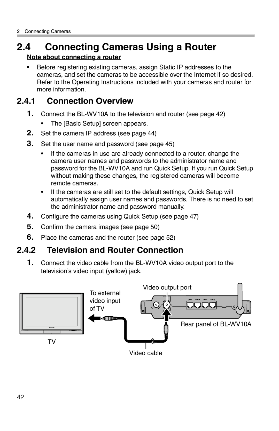 Panasonic BL-WV10A operating instructions Connecting Cameras Using a Router, Television and Router Connection 