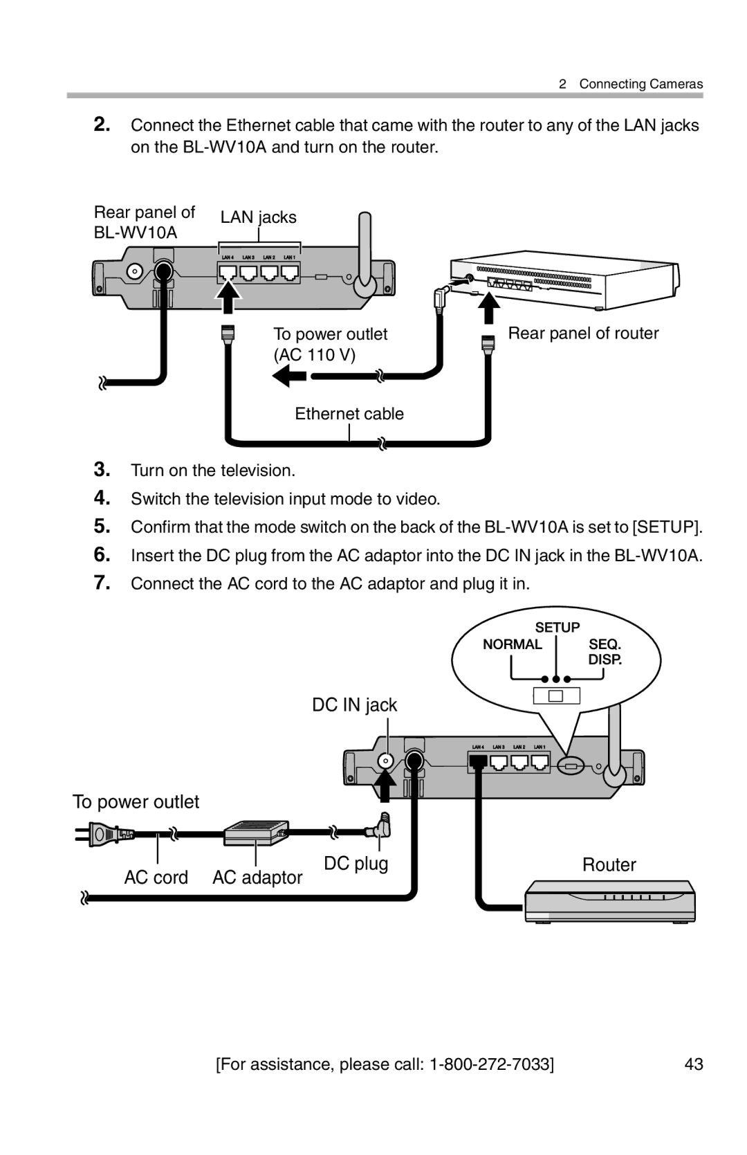 Panasonic BL-WV10A operating instructions DC in jack To power outlet DC plug Router AC cord AC adaptor 