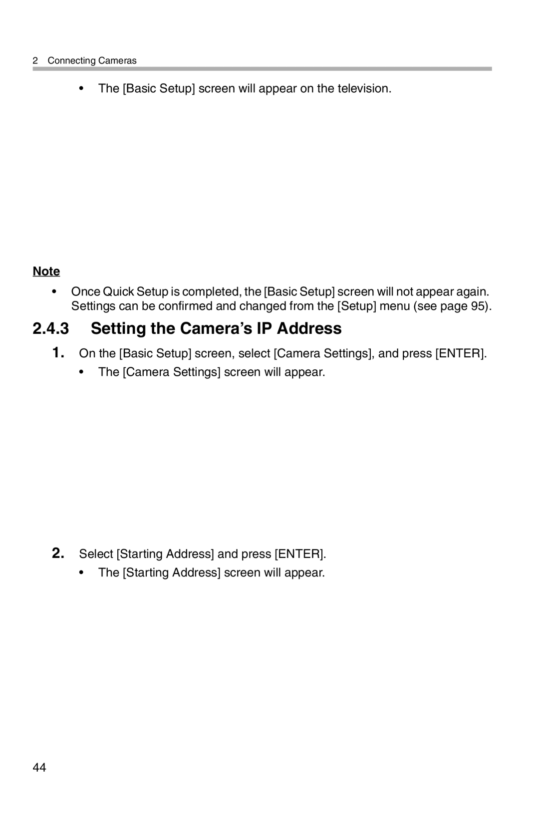 Panasonic BL-WV10A operating instructions Setting the Camera’s IP Address, Basic Setup screen will appear on the television 