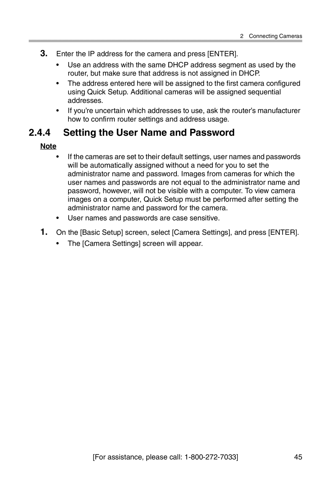 Panasonic BL-WV10A operating instructions Setting the User Name and Password 