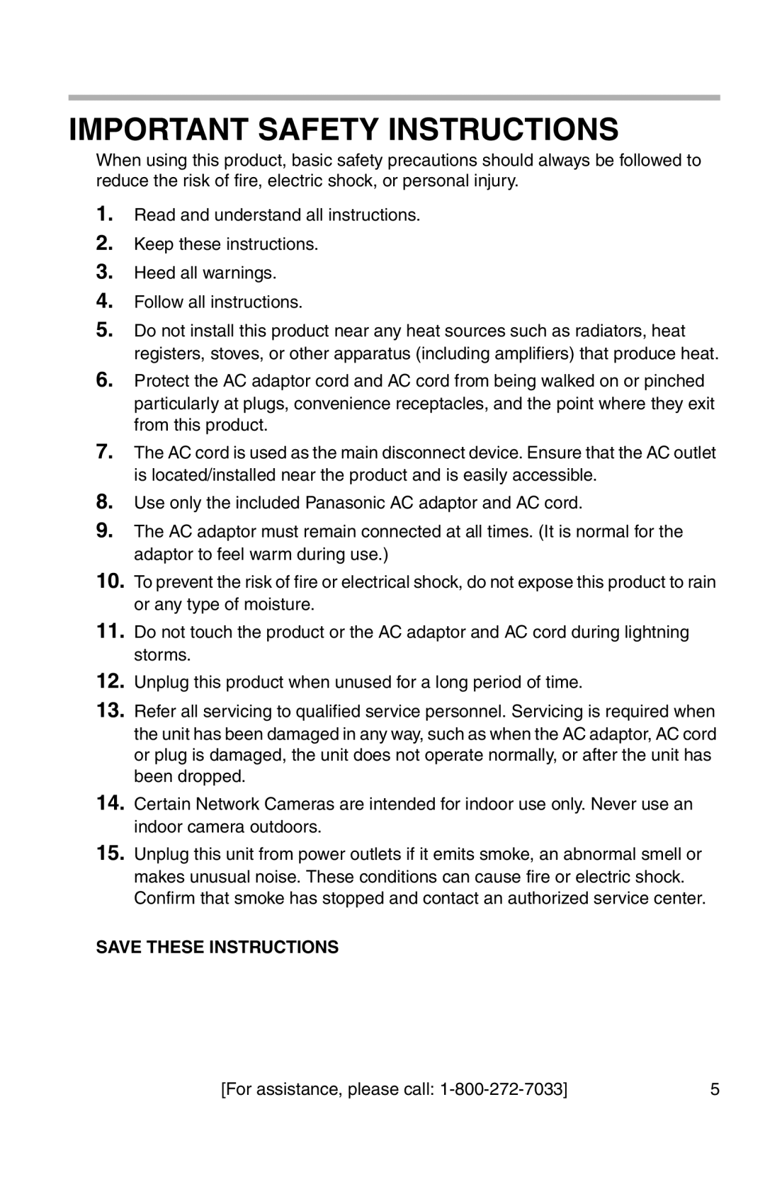 Panasonic BL-WV10A operating instructions Important Safety Instructions 