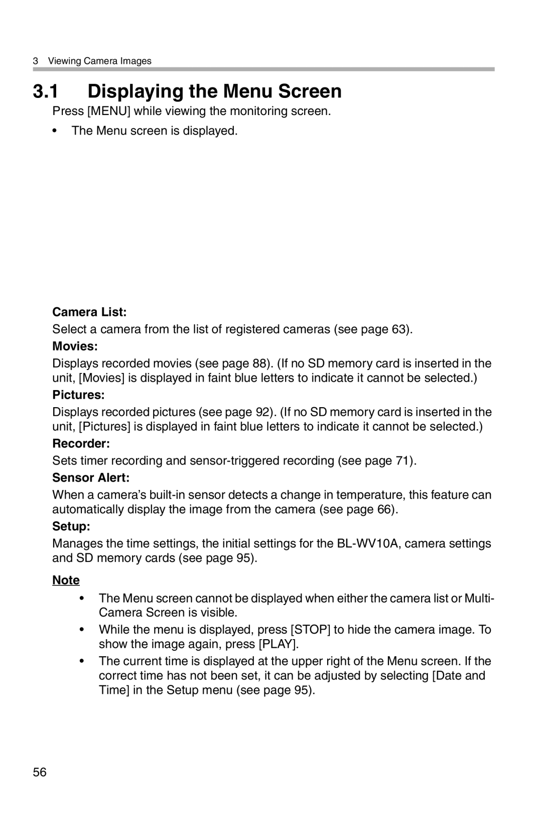 Panasonic BL-WV10A operating instructions Displaying the Menu Screen 