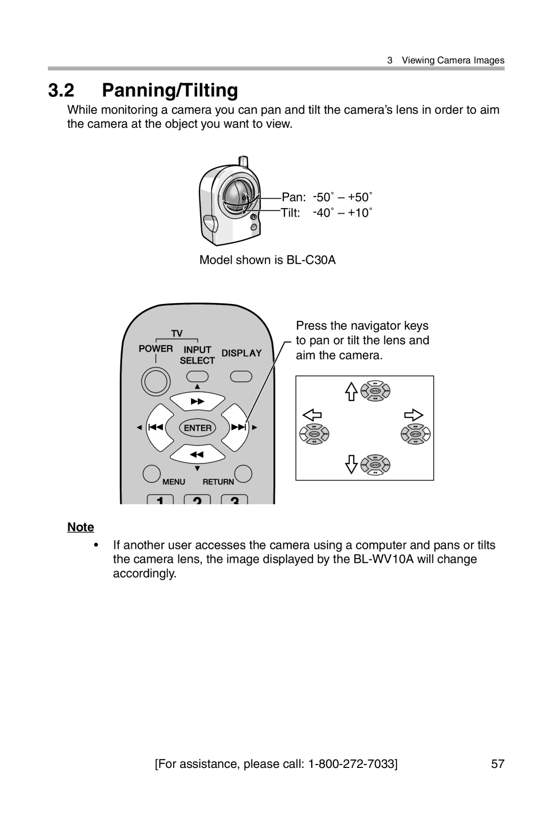 Panasonic BL-WV10A operating instructions Panning/Tilting 