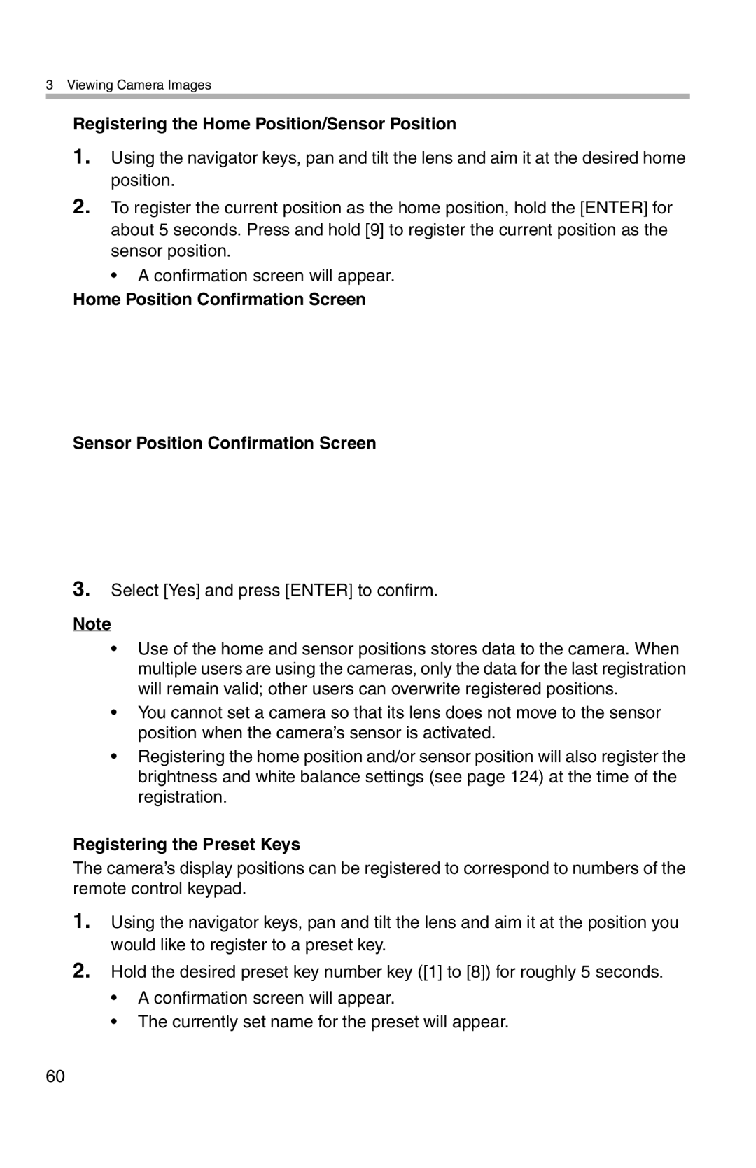 Panasonic BL-WV10A Registering the Home Position/Sensor Position, Select Yes and press Enter to confirm 