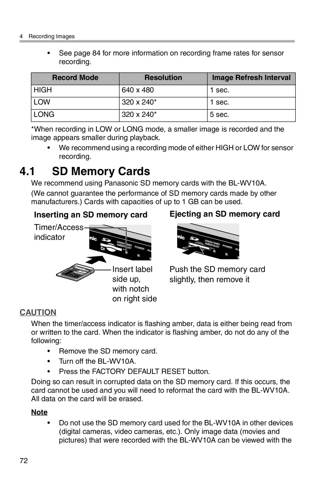 Panasonic BL-WV10A operating instructions SD Memory Cards, Record Mode Resolution Image Refresh Interval, x Sec 