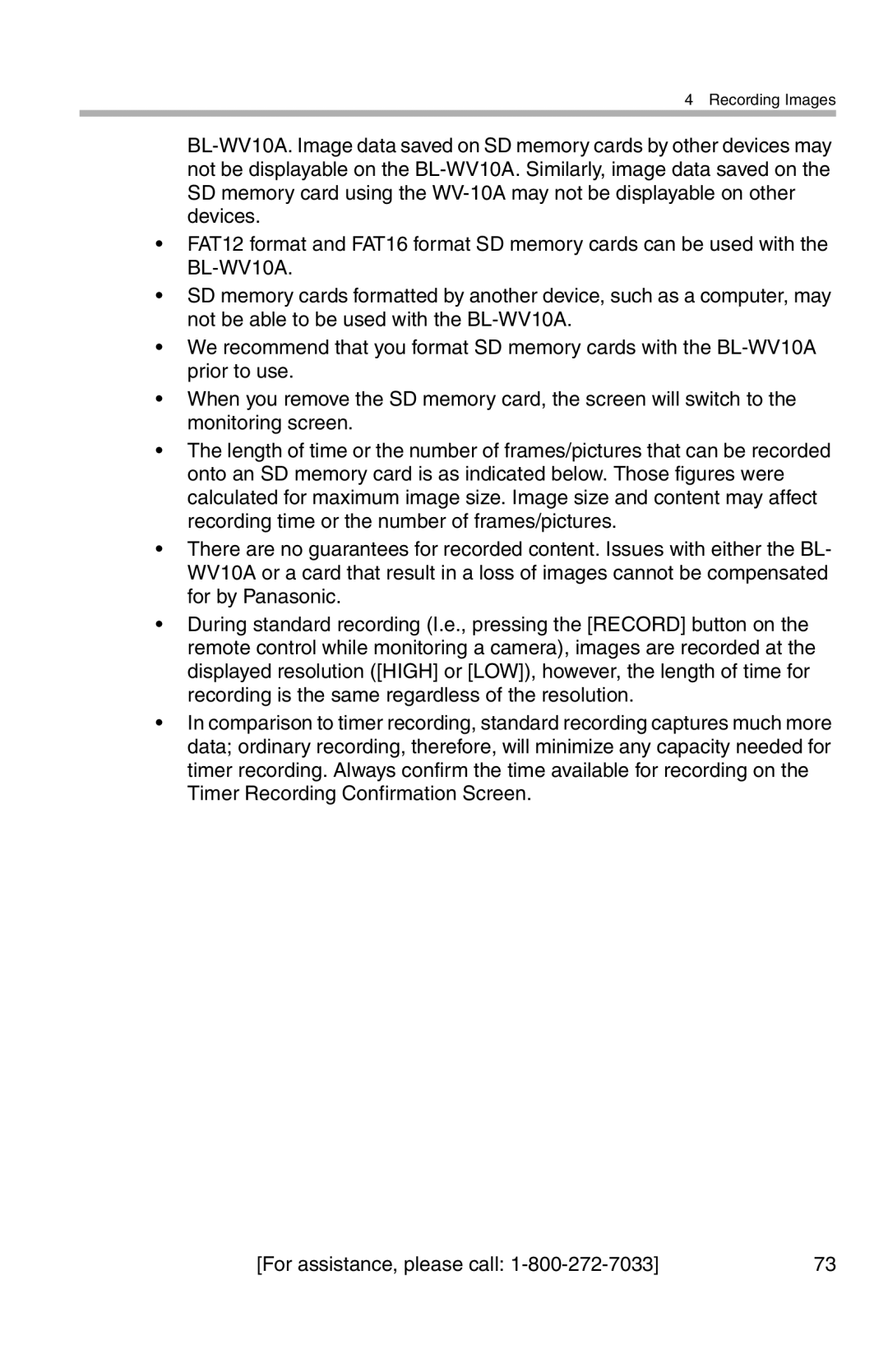 Panasonic BL-WV10A operating instructions Recording Images 