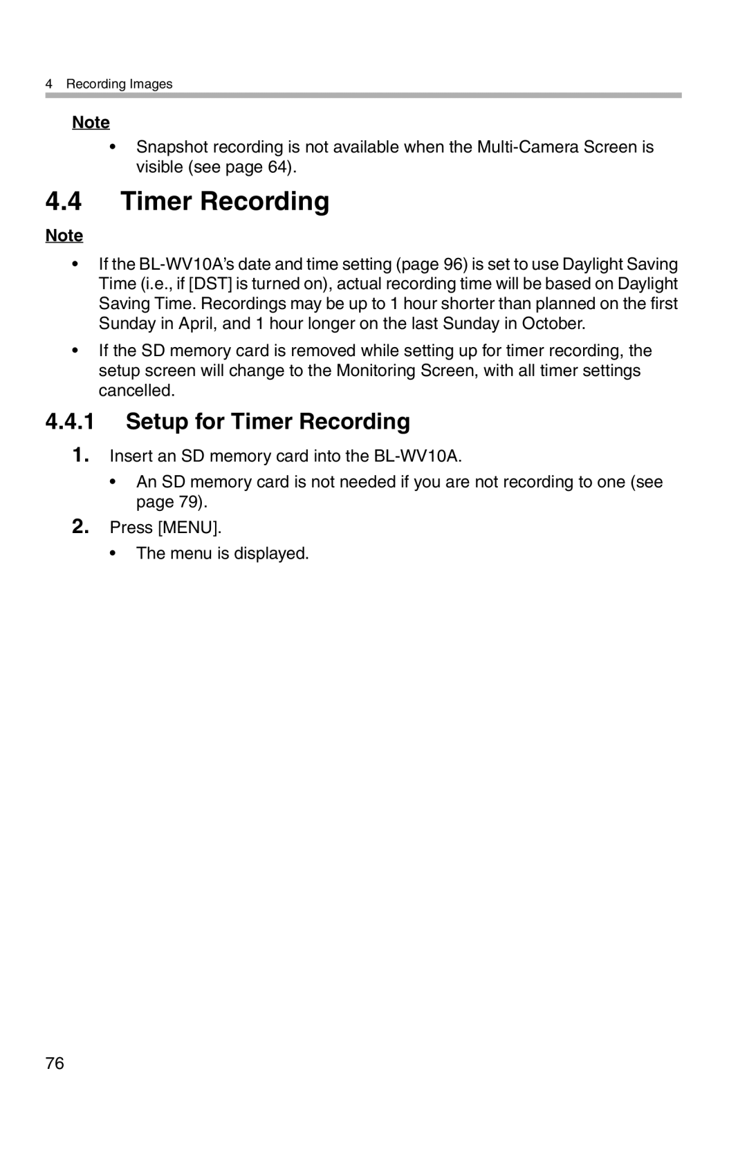 Panasonic BL-WV10A operating instructions Setup for Timer Recording 