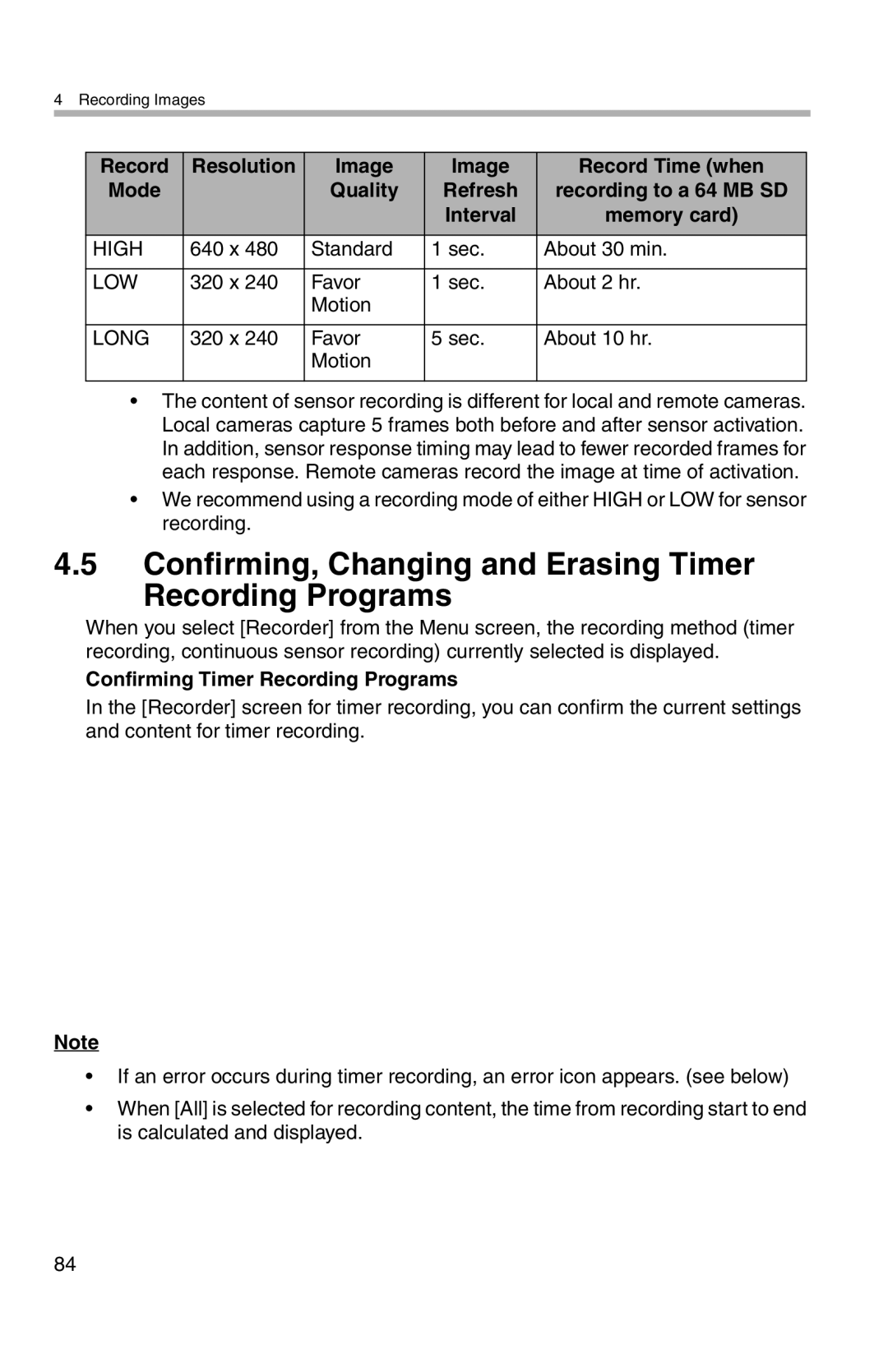 Panasonic BL-WV10A Confirming, Changing and Erasing Timer Recording Programs, x Standard Sec About 30 min 