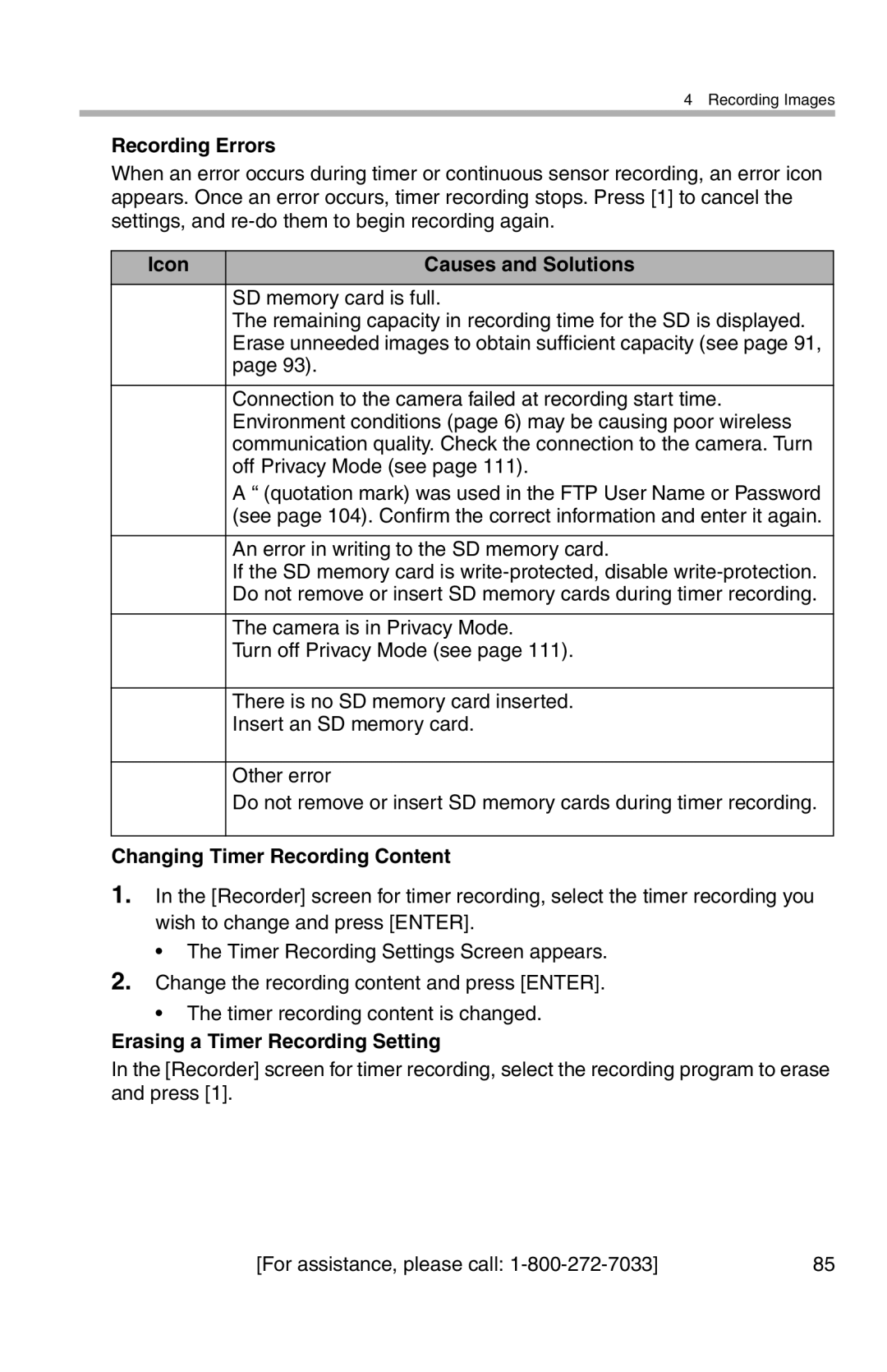 Panasonic BL-WV10A operating instructions Recording Errors, Icon Causes and Solutions, Changing Timer Recording Content 