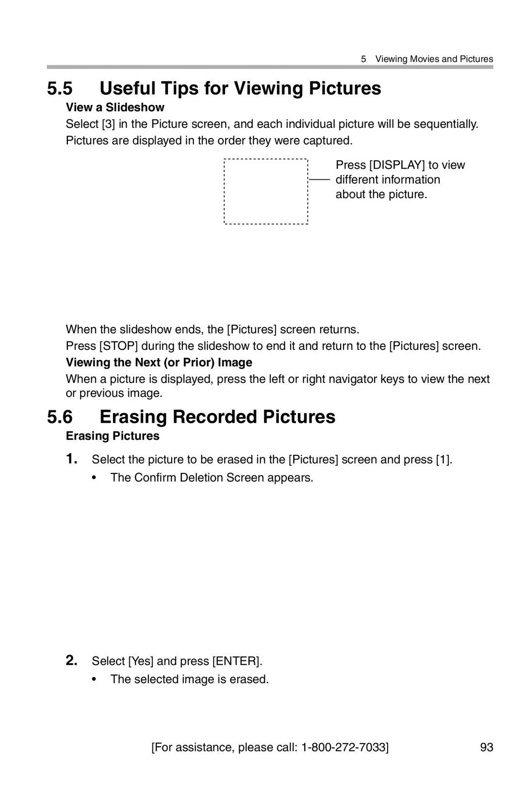 Panasonic BL-WV10A Useful Tips for Viewing Pictures, Erasing Recorded Pictures, View a Slideshow, Erasing Pictures 