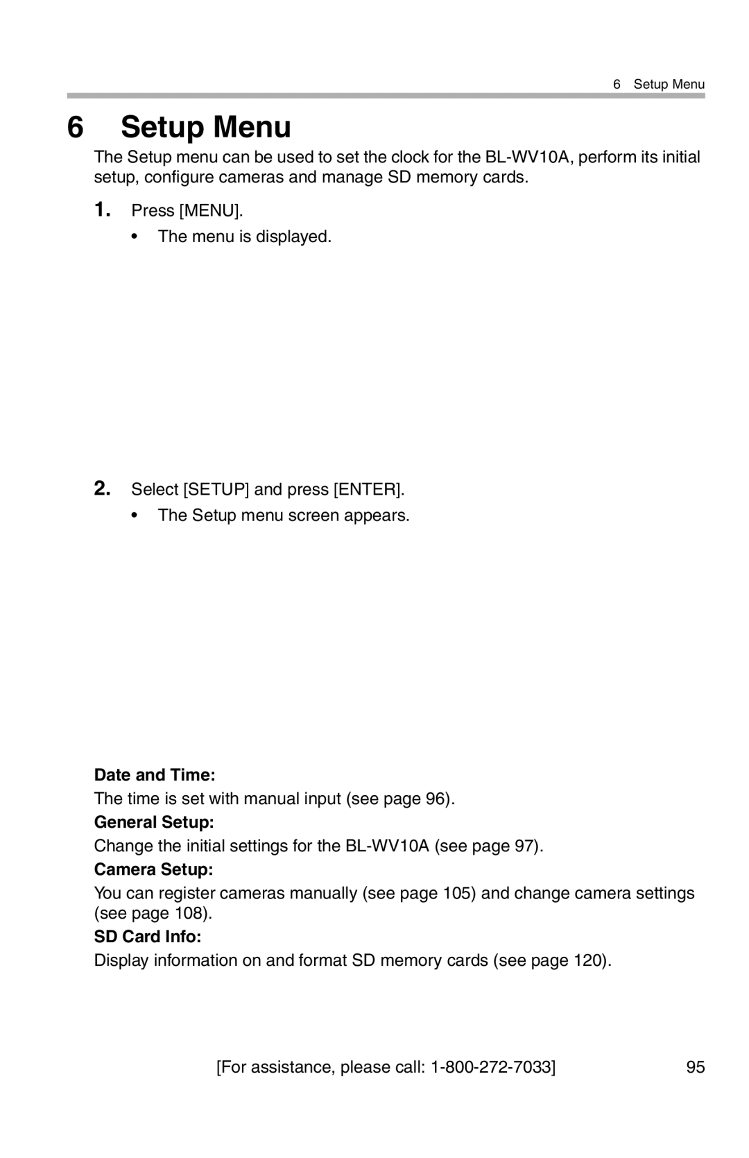 Panasonic BL-WV10A operating instructions Setup Menu, Date and Time, General Setup, Camera Setup, SD Card Info 