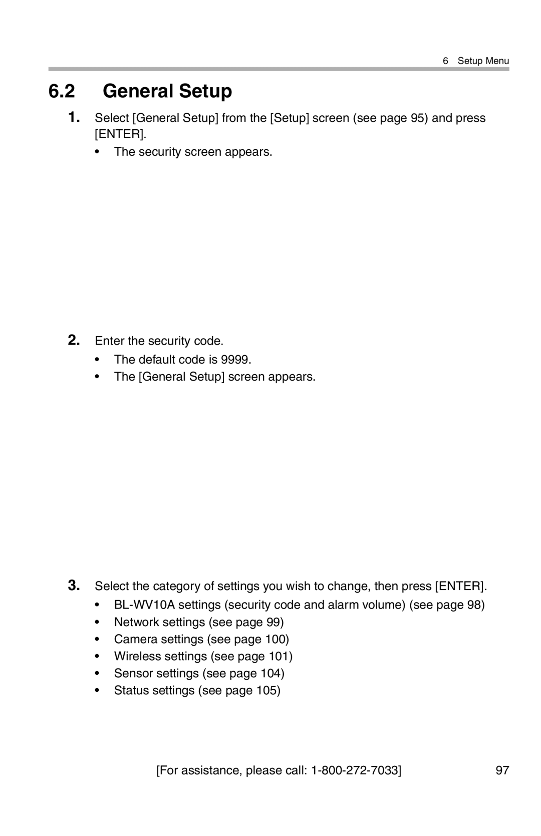 Panasonic BL-WV10A operating instructions General Setup 