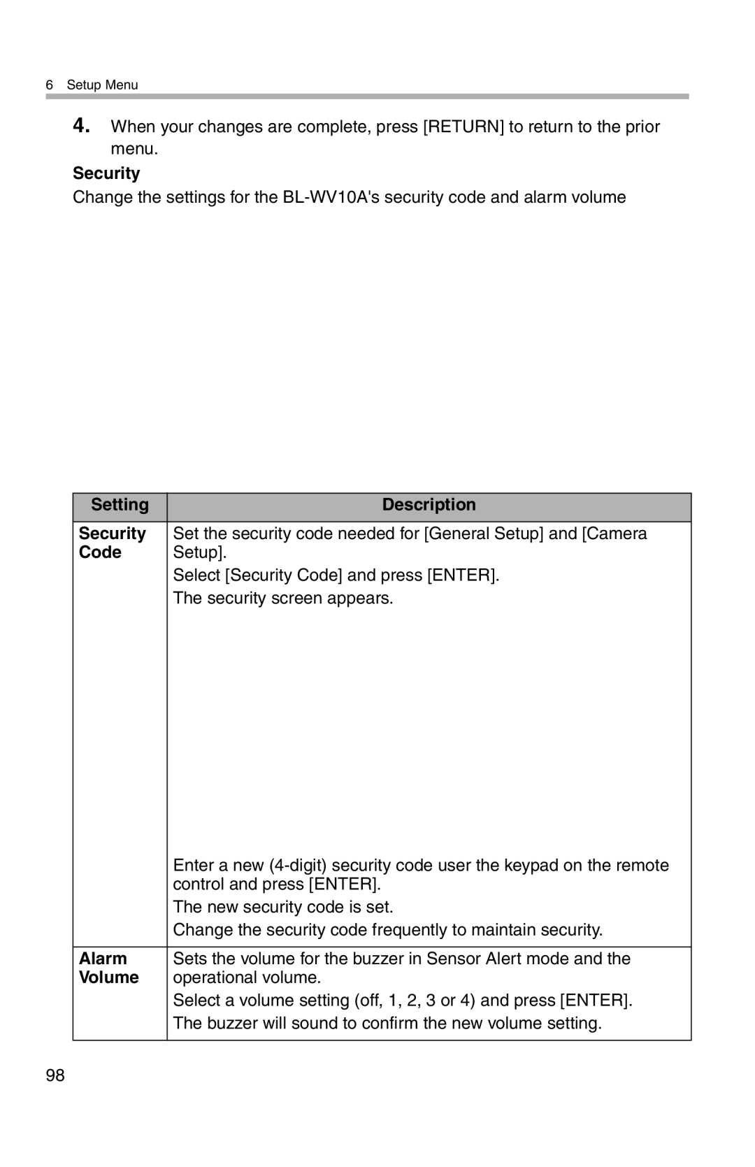 Panasonic BL-WV10A operating instructions Setting Description Security, Code, Alarm, Volume 