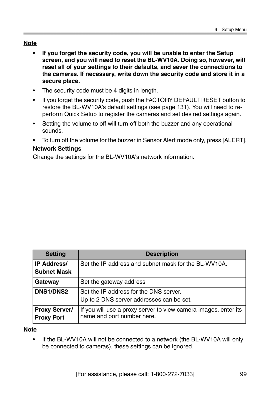 Panasonic BL-WV10A Security code must be 4 digits in length, Network Settings, Set the IP address for the DNS server 