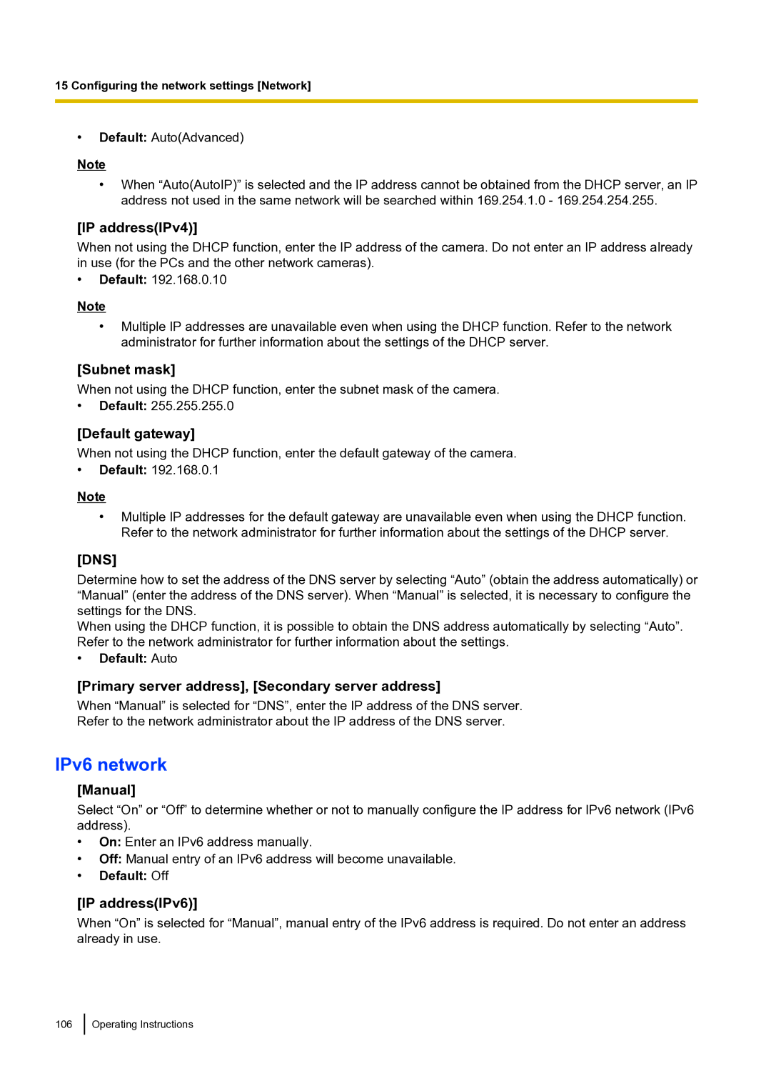 Panasonic BLVT164P operating instructions IPv6 network 