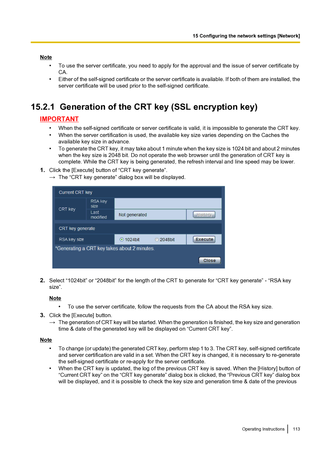 Panasonic BLVT164P operating instructions Generation of the CRT key SSL encryption key 