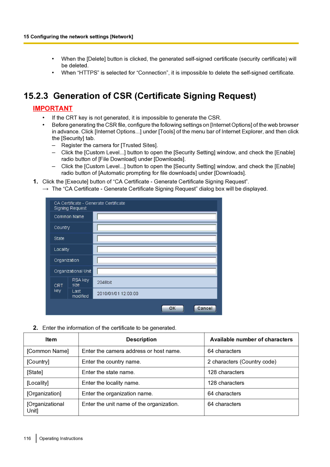 Panasonic BLVT164P operating instructions Generation of CSR Certificate Signing Request 