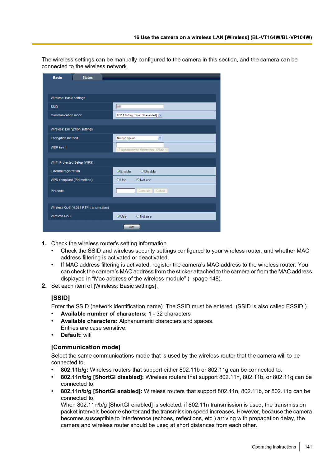 Panasonic BLVT164P operating instructions Communication mode, Available number of characters 1 32 characters, Default wifi 