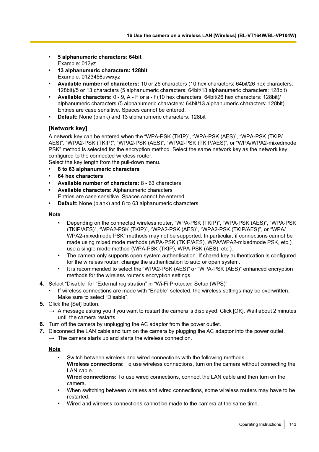 Panasonic BLVT164P operating instructions Network key, Alphanumeric characters 64bit, Alphanumeric characters 128bit 