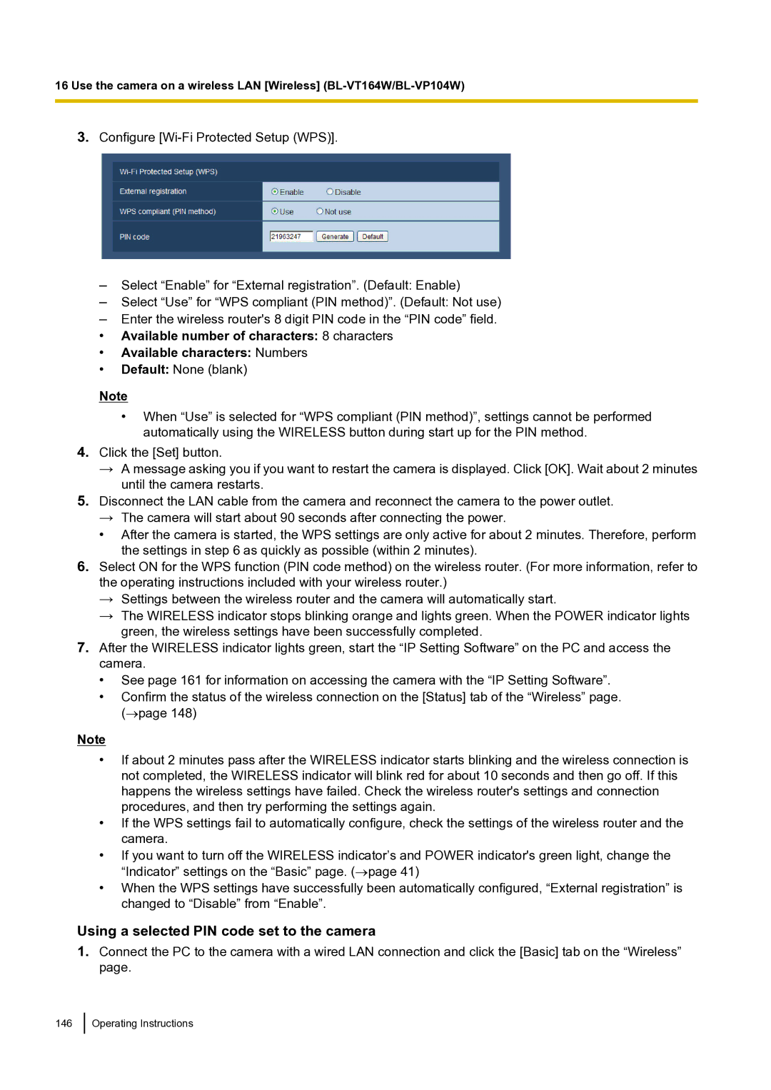 Panasonic BLVT164P operating instructions Using a selected PIN code set to the camera 