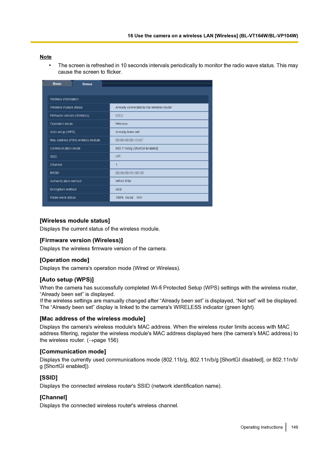 Panasonic BLVT164P Wireless module status, Firmware version Wireless, Operation mode, Auto setup WPS, Channel 