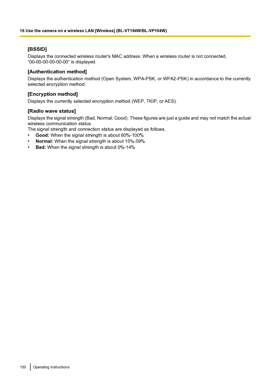 Panasonic BLVT164P operating instructions Authentication method, Radio wave status 