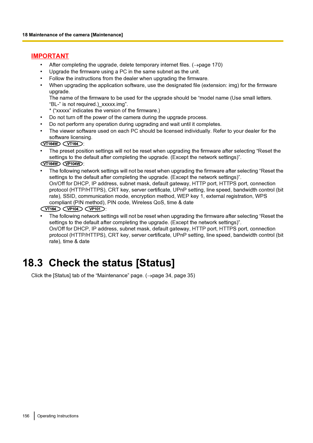 Panasonic BLVT164P operating instructions Check the status Status 