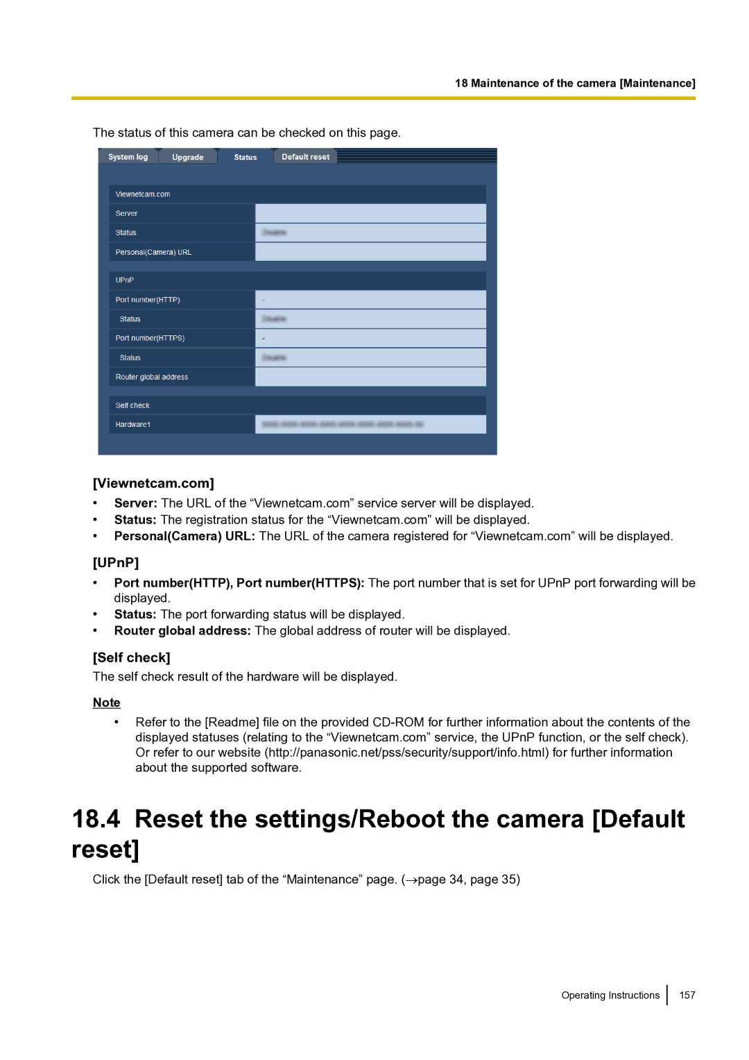 Panasonic BLVT164P Reset the settings/Reboot the camera Default reset, Viewnetcam.com UPnP, Self check 