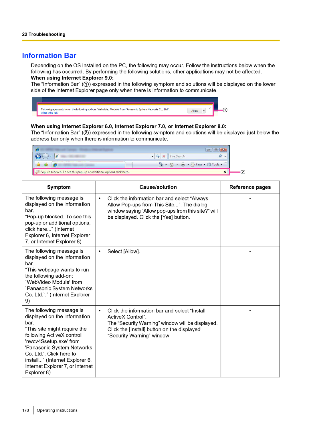 Panasonic BLVT164P operating instructions Information Bar, When using Internet Explorer 