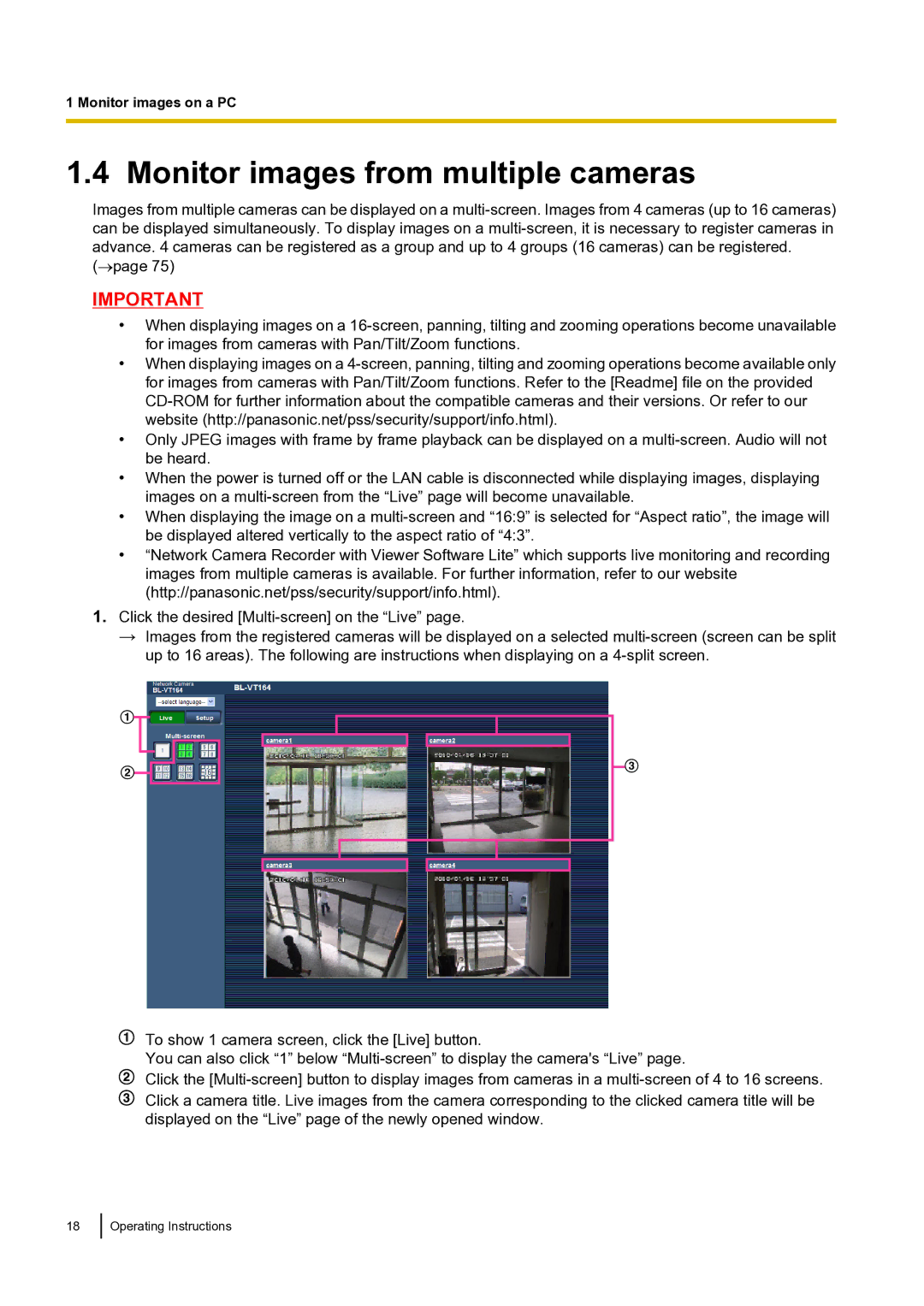 Panasonic BLVT164P operating instructions Monitor images from multiple cameras 