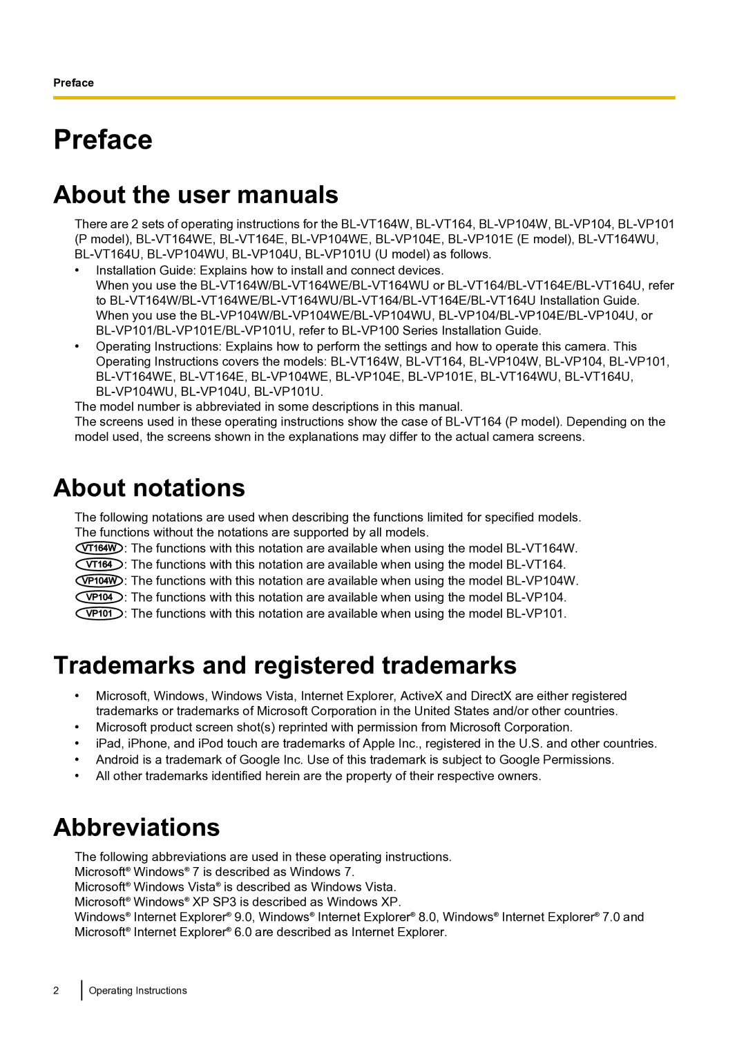 Panasonic BLVT164P operating instructions Preface, About notations, Trademarks and registered trademarks, Abbreviations 