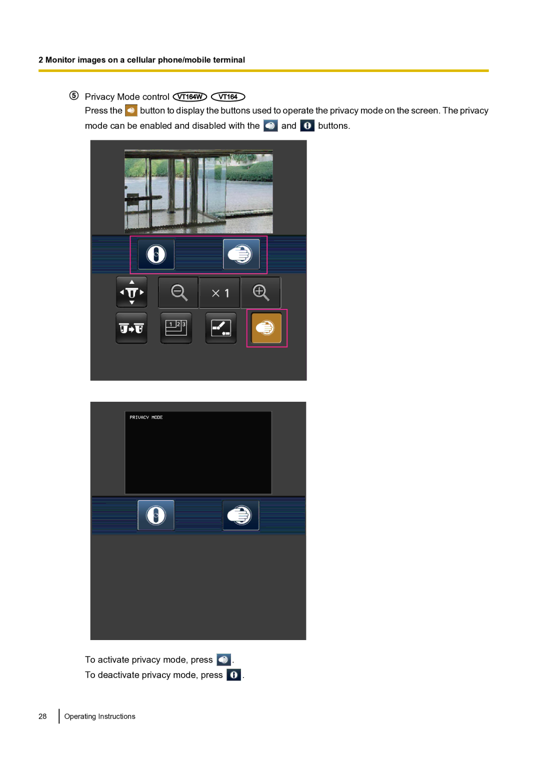 Panasonic BLVT164P operating instructions Privacy Mode control VT164W 