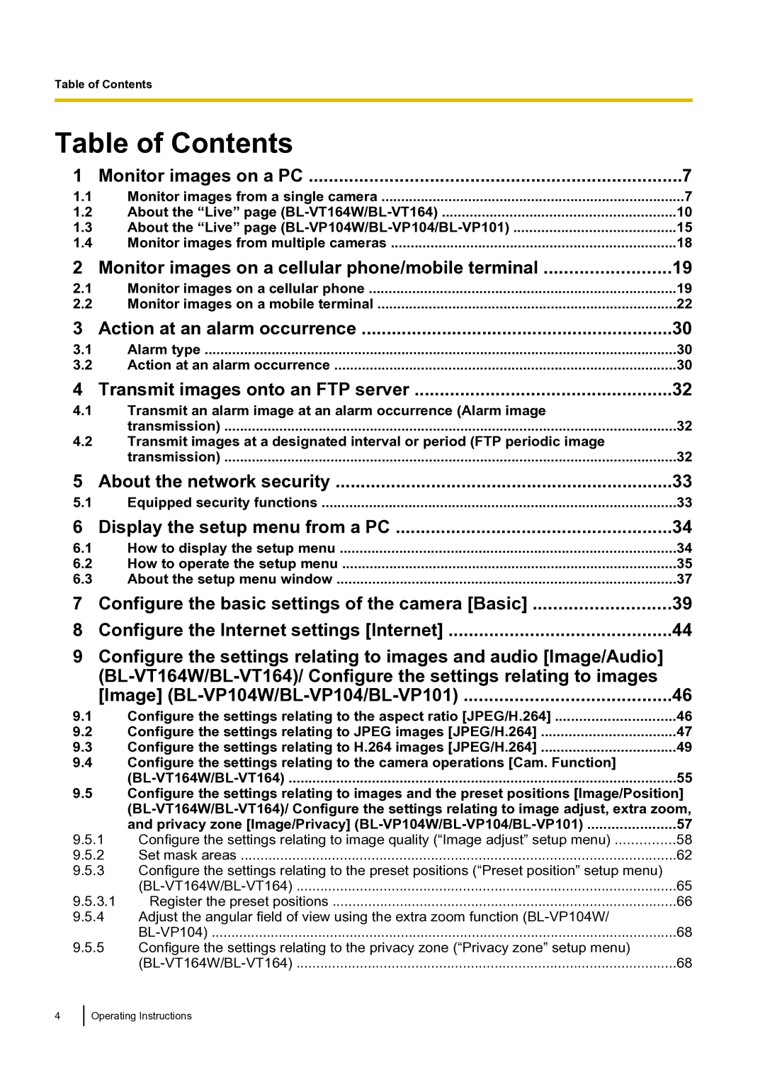 Panasonic BLVT164P operating instructions Table of Contents 